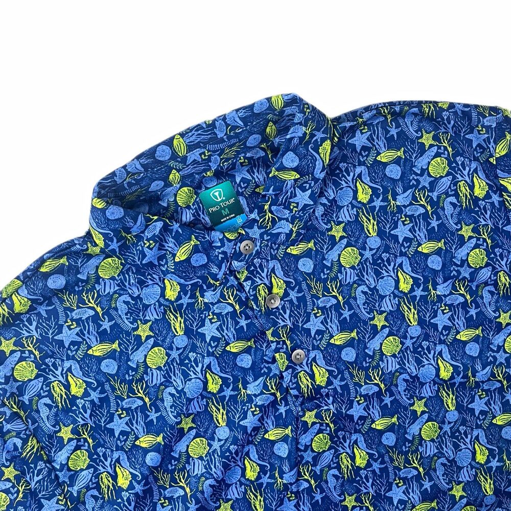Pro Tour Men's M Blue/Green Ocean Sea Life Print Golf Coolplay Polo Short Sleeve